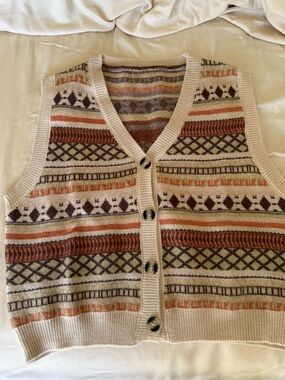 Beige Patterned Knit Button-Front Sweater Vest